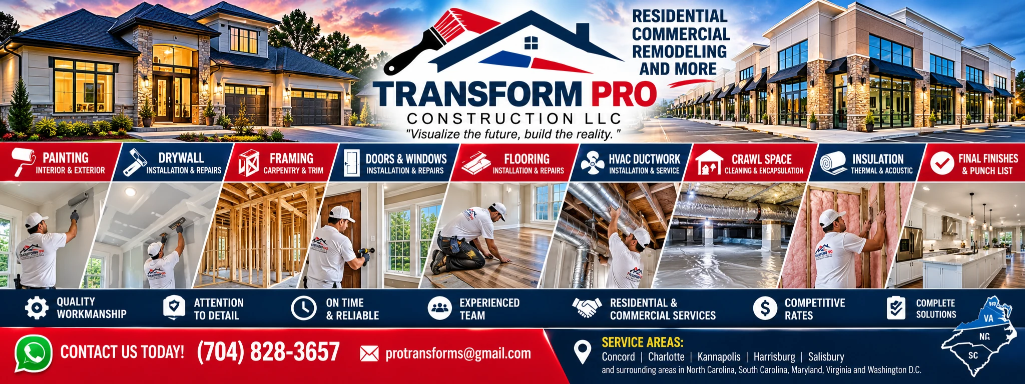 Transform Pro Construction LLC — panoramic overview of interior and exterior painting, drywall, framing and carpentry, doors and windows, flooring, HVAC ductwork, crawl space, insulation, and final finishes
